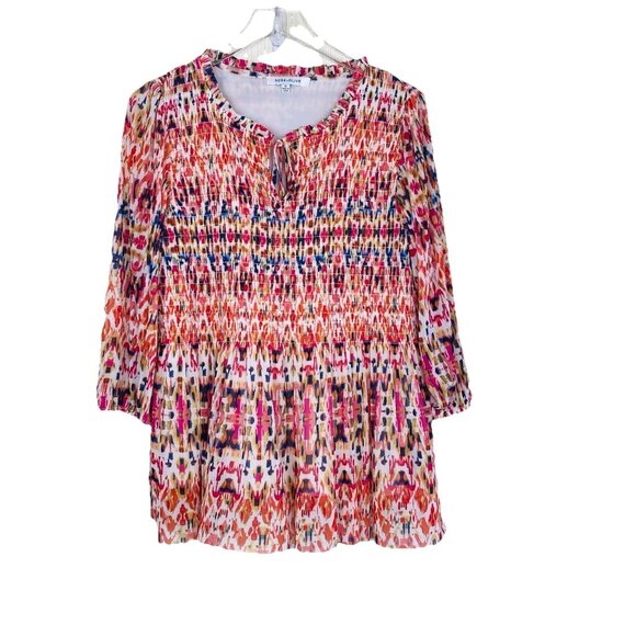 Rose + Olive Size XL Colorful Print Smocked Popover Top Boho Peasant Orange Red - Picture 1 of 12